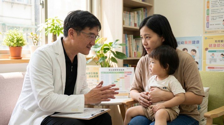 [1] 專業醫師與家長討論兒童早療計畫內容 [2] 正在進行肢體協調評估的兒童早療現場 [3] 專注觀察玩具細節的兒童早療訓練過程 [4] 親子共同參與診所舉辦的兒童早療活動