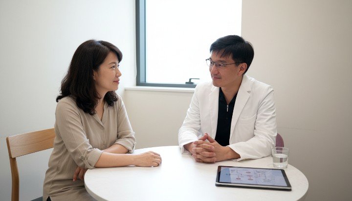 專業醫師正在說明女性月經不規則的原因 檢查室內評估子宮病變與月經不規則關聯 女性觀察生理期紀錄擔心月經不規則徵兆 醫師操作超音波診斷月經不規則的病因