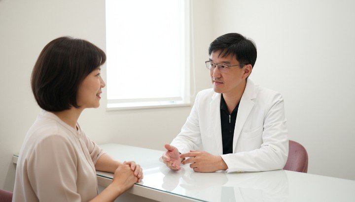 診間醫病溝通討論PRP術後反應, 專業醫師詳細說明PRP術後反應, 患者透過圖表了解PRP術後反應, 醫療團隊關心患者PRP術後反應