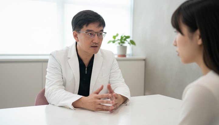 醫師為患者塗抹酸類煥膚精華液進行保養 診所環境中展示酸類煥膚使用的專業產品 患者接受酸類煥膚後的細緻透亮肌膚特寫 醫事人員操作酸類煥膚前的膚質評估過程