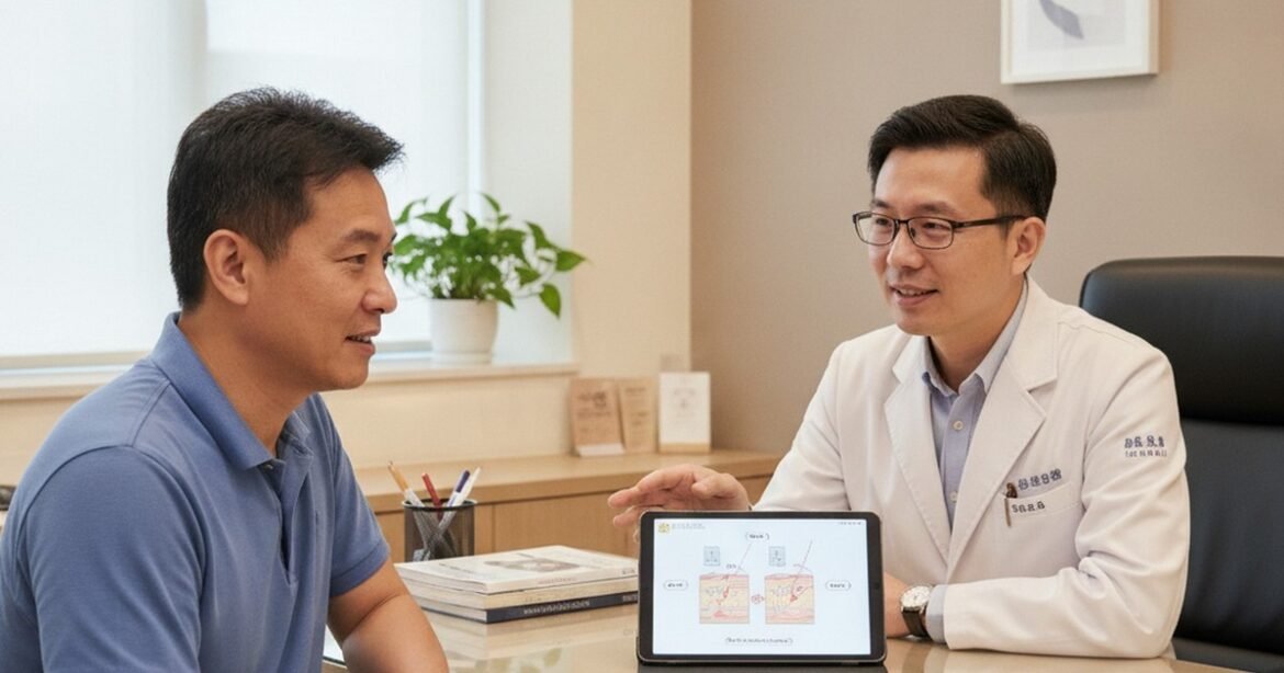 吳芮醫師與患者討論減重筆使用狀況，進行吳芮醫師比較術前評估。